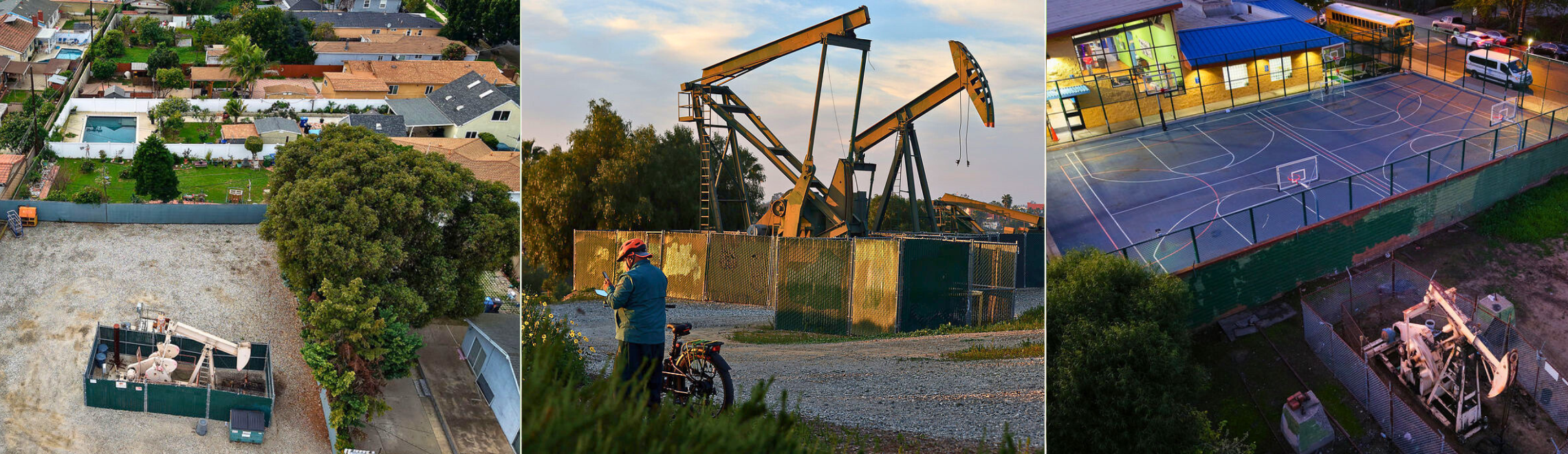 a photo collage showing fenced-off oil-drilling rigs near houses, next to a man with a bicycle, and adjacent to a basketball court