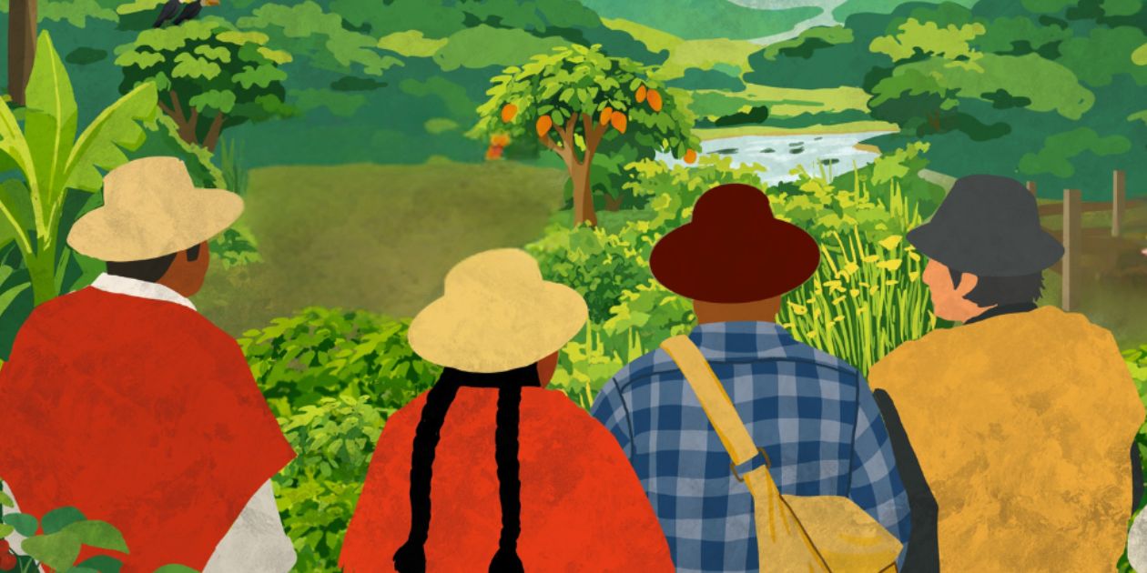 Illustrated farmers looking ahead