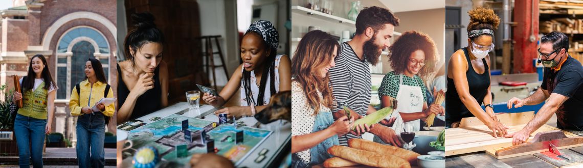 Photos of college students walking playing games, cooking and learning woodworking
